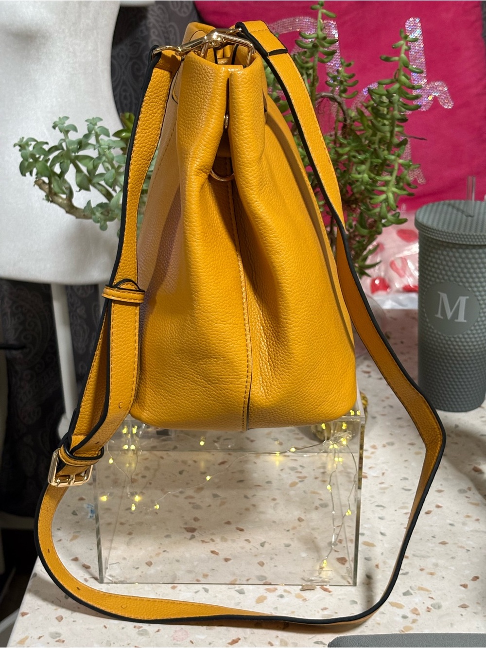 Joy Susan Pebbled Mustard Vegan Leather Classic Hobo Tote - Picture 4 of 17